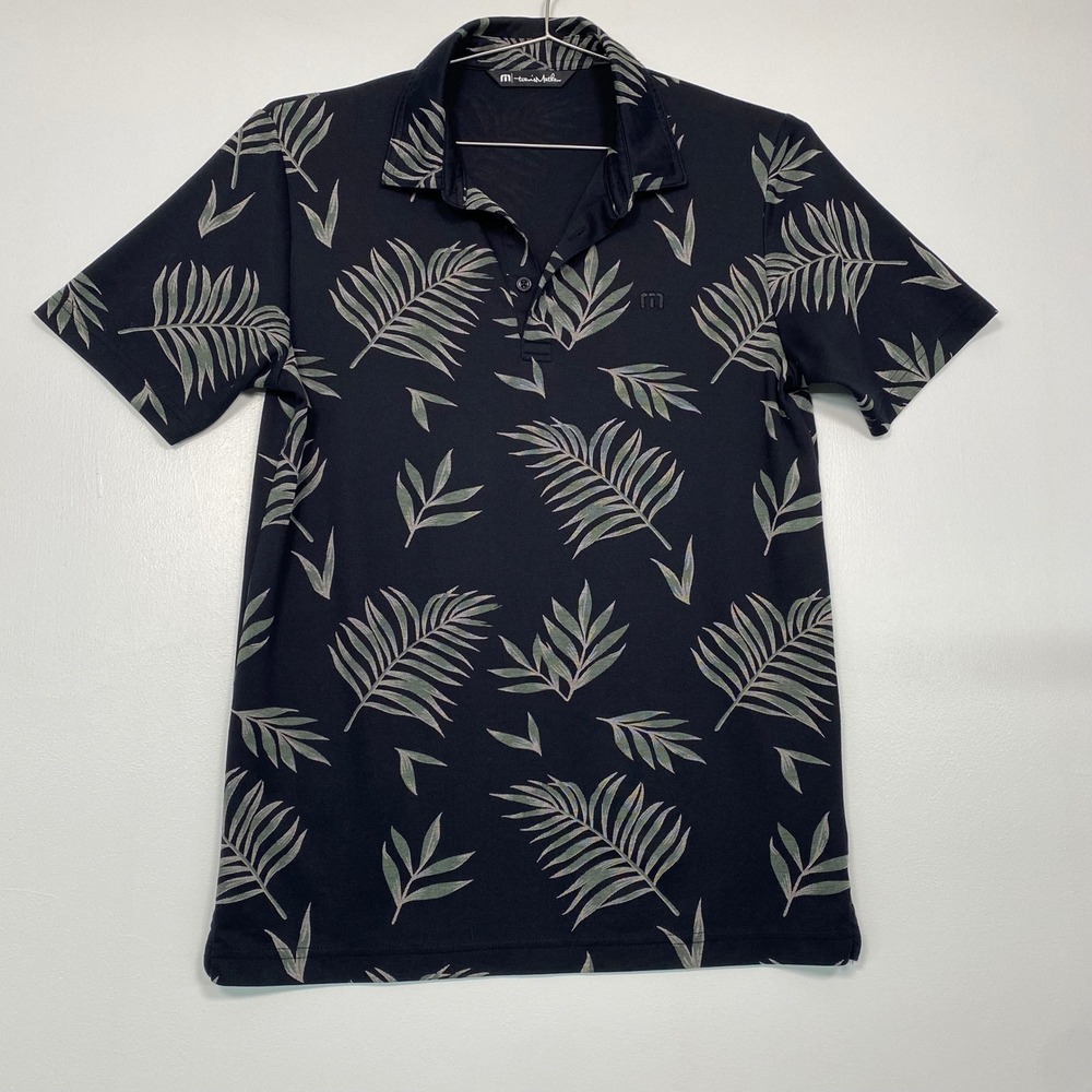 TravisMathew Mens Polo Shirt Small Black Palm Leaf Print Short Sleeve Golf Tee